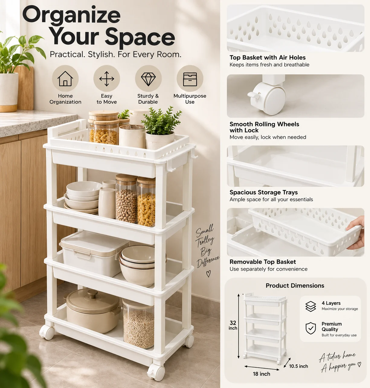 4-Layer Multipurpose Storage Trolley with Wheels - photo 5