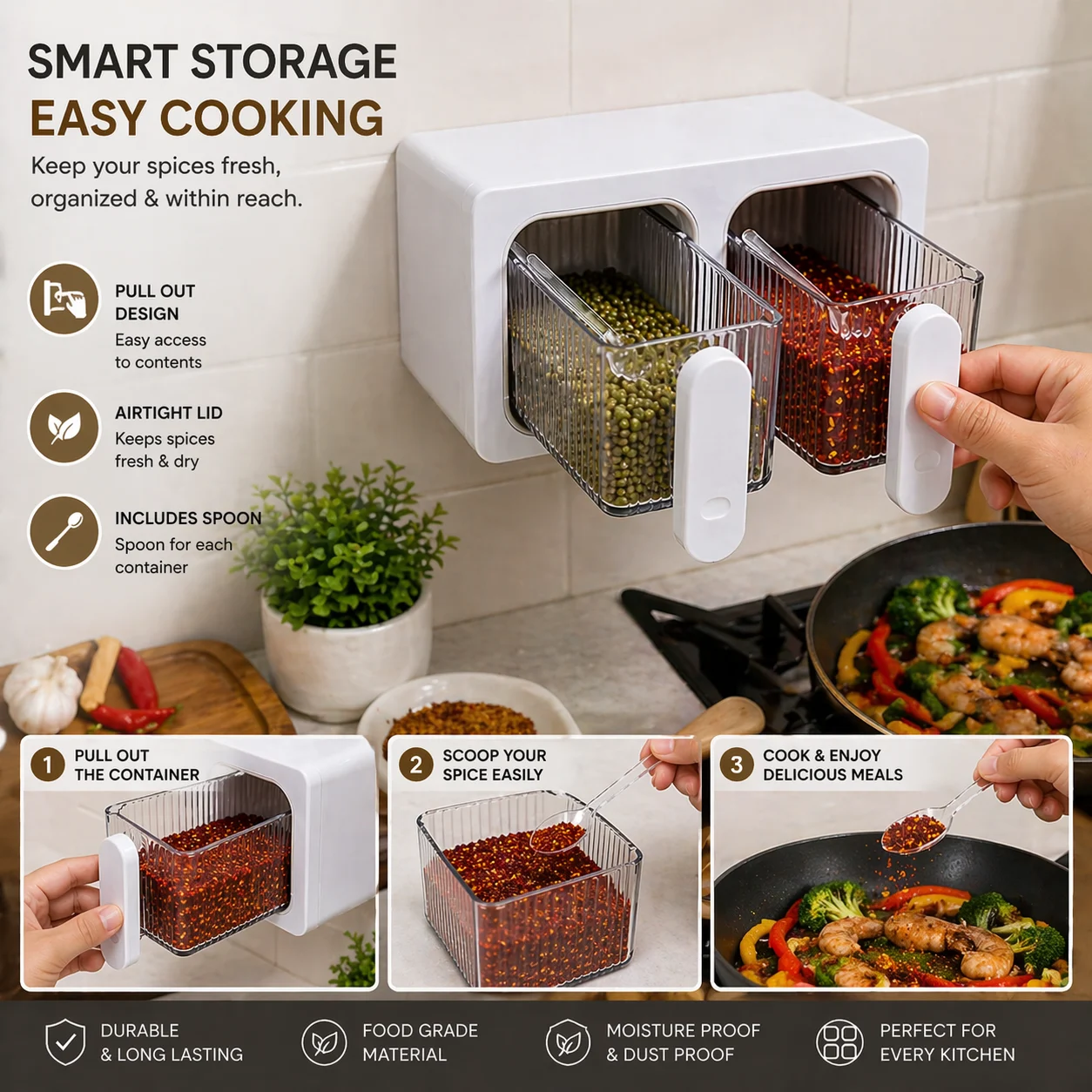 Wall Mounted Seasoning Box – 2 Compartment with Spoons – photo 2