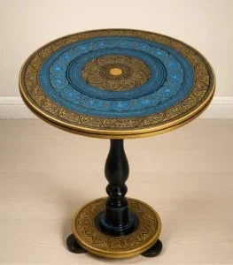 Handmade Naqshi Art Wooden Round Table 18 Inch – Blue & Gold