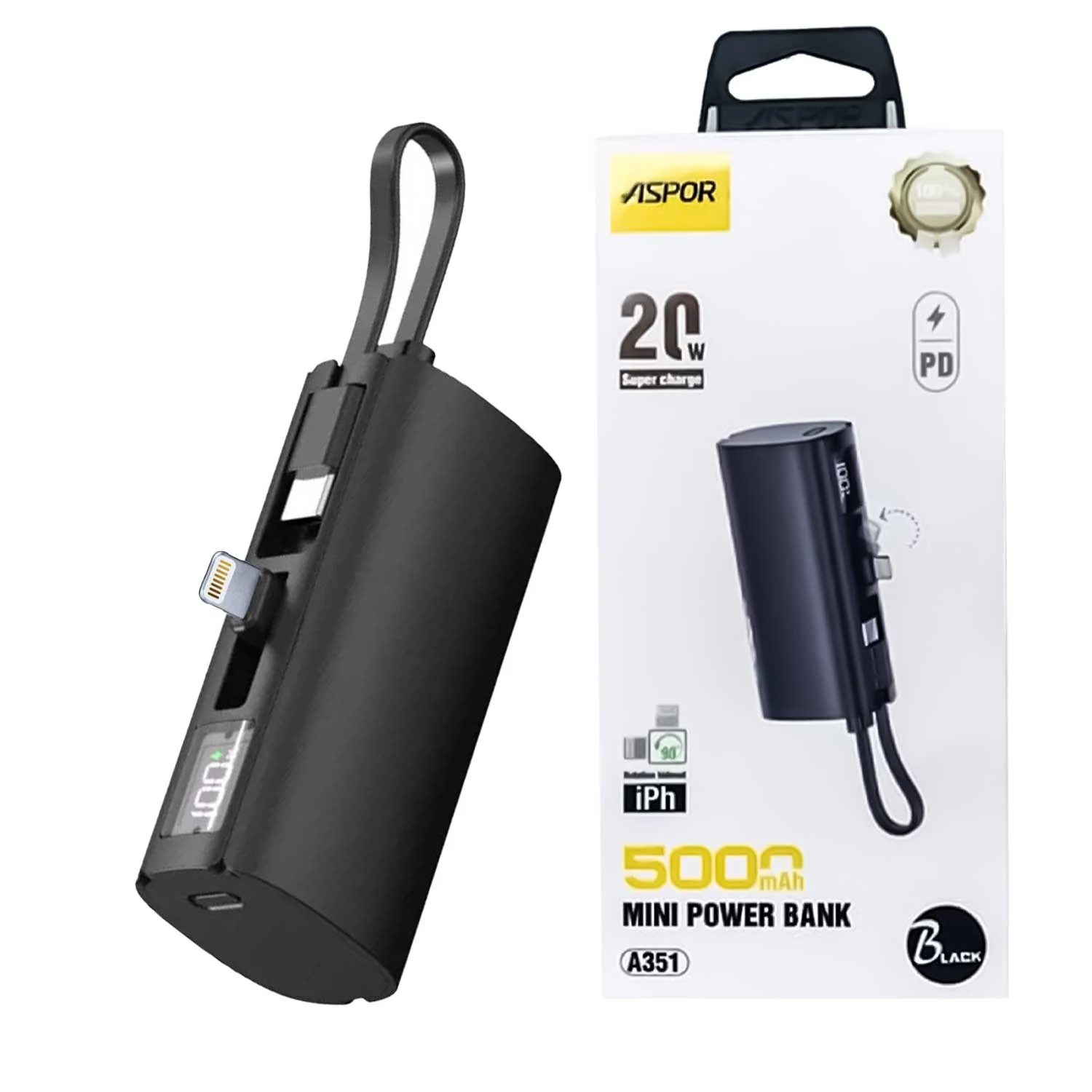 Aspor A351 Mini Power Bank 5000mAh – Built-in Cable, Display & Phone Stand - photo 2