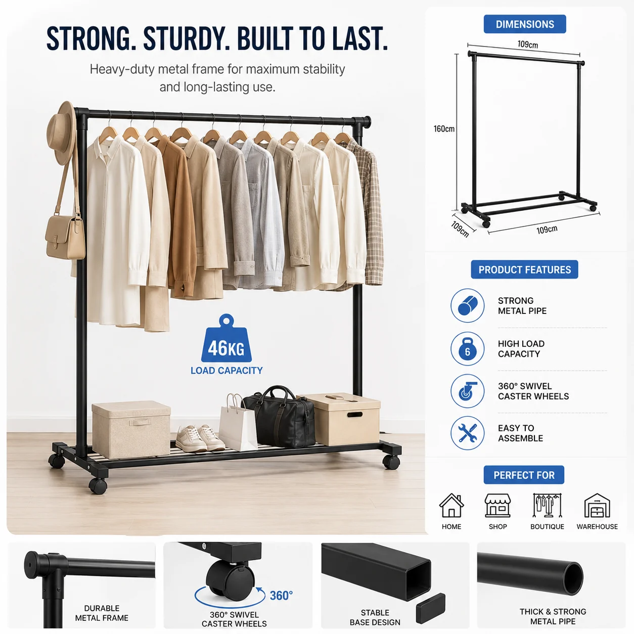 Heavy Duty Single Rod Clothes Hanger - 46 Kg Capacity - photo 3