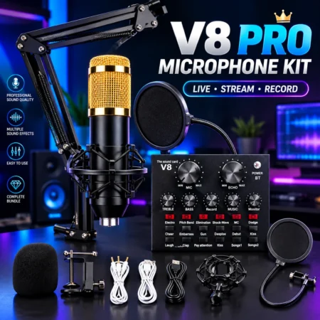 V8 Pro Condenser Microphone Kit with Sound Card – Recording & Live Streaming Set
