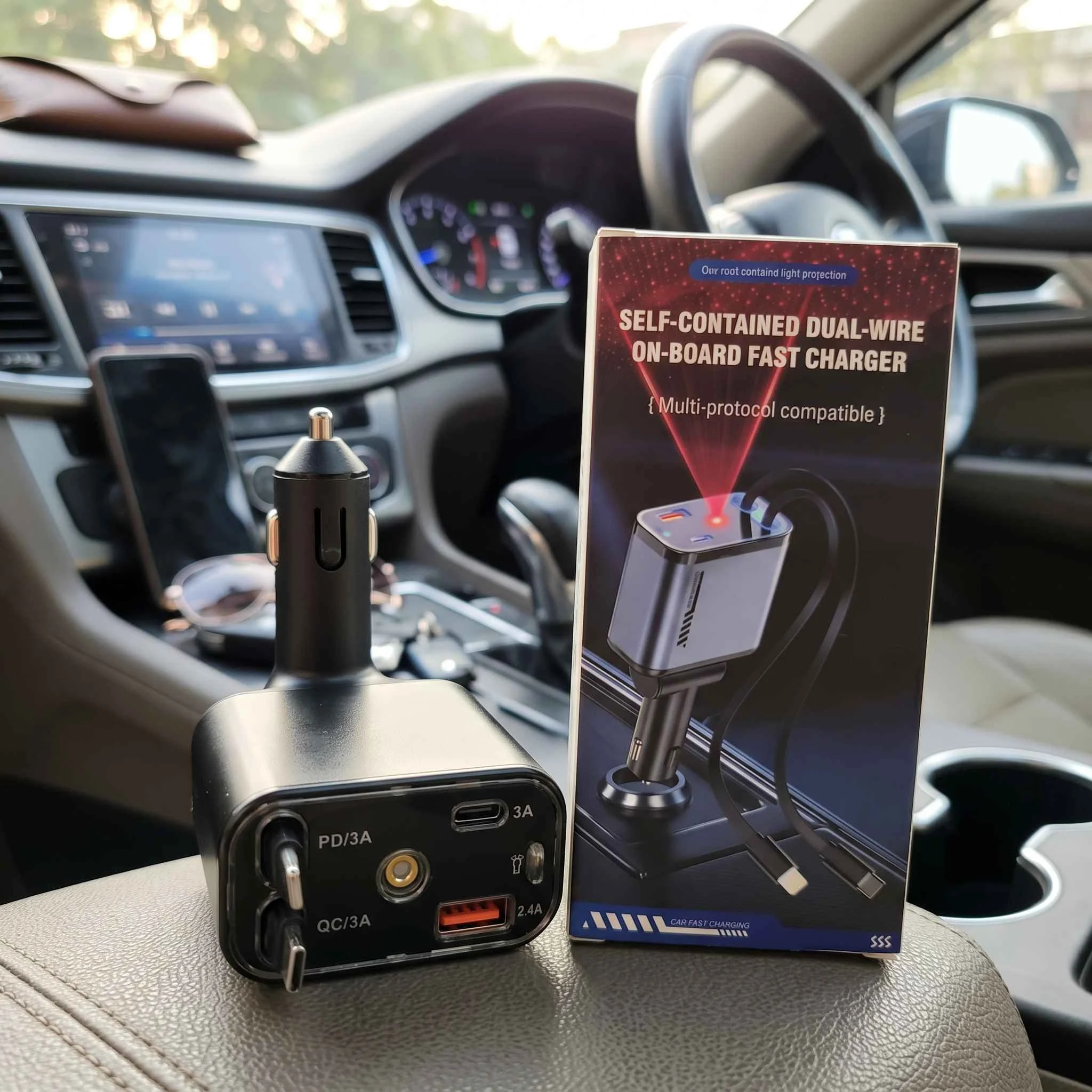 5-in-1 Car Fast Charger with Built-in Dual Cables – PD & QC 3.0