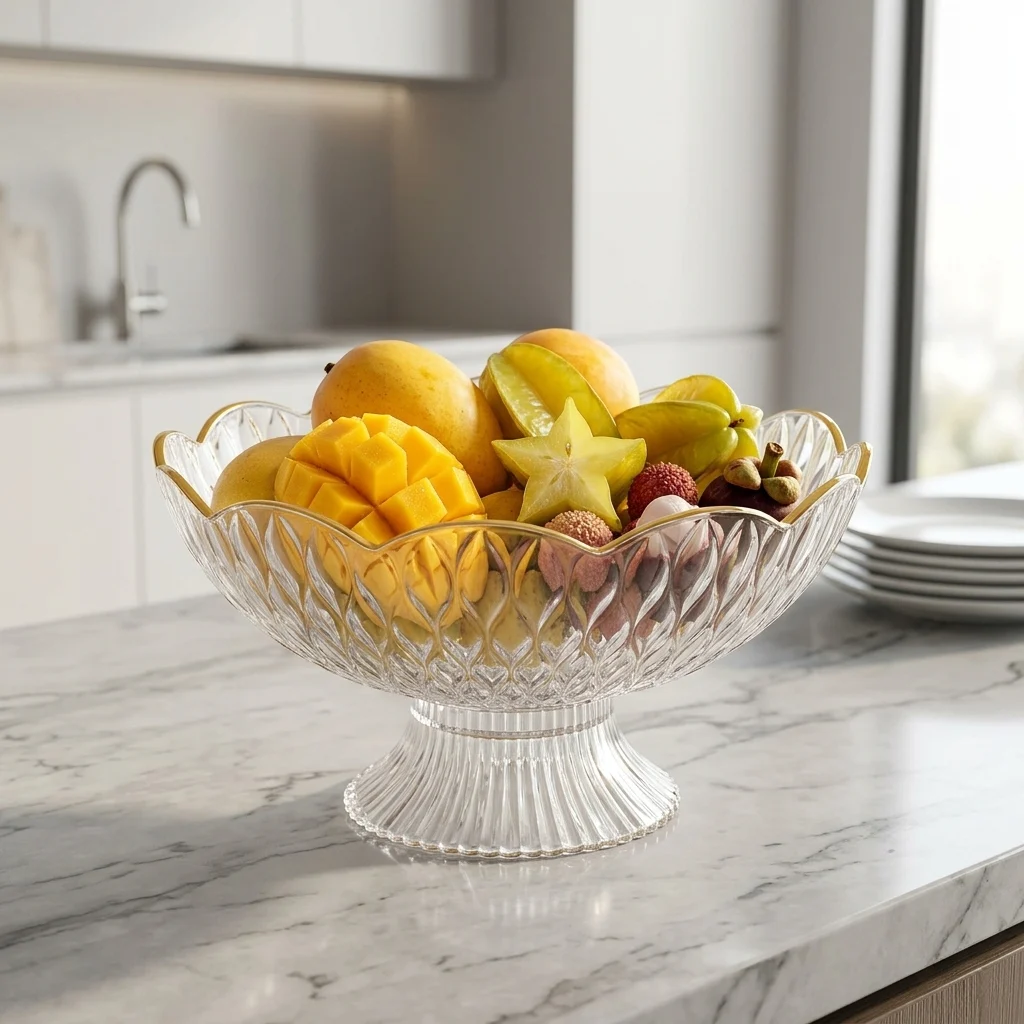 Acrylic Fruit Basket with Detachable Stand – Gold Rim