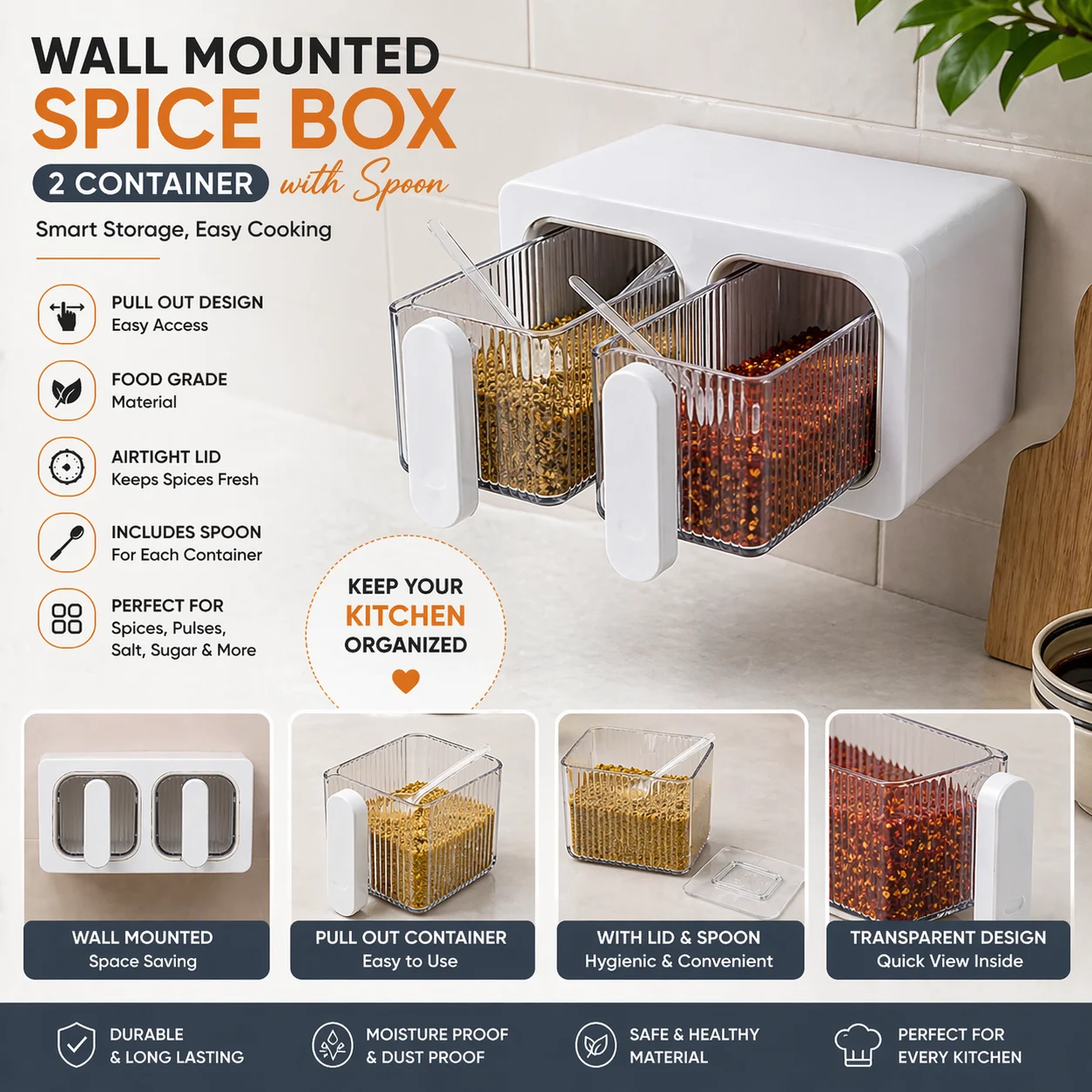 Wall Mounted Seasoning Box – 2 Compartment with Spoons – photo 3