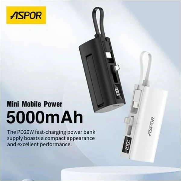 Aspor A351 Mini Power Bank 5000mAh – Built-in Cable, Display & Phone Stand - photo 5