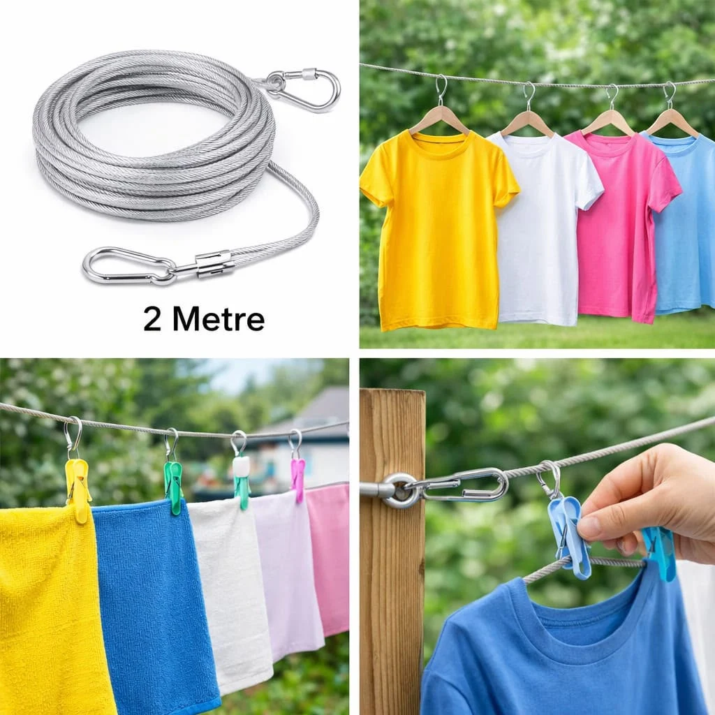 2 Metre Stainless Steel Clothesline with Carabiner Clips
