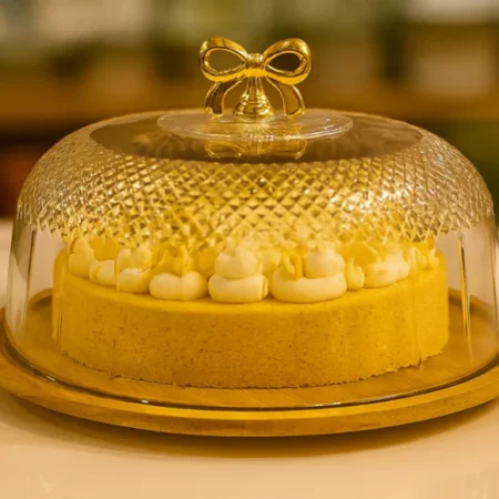 Glass Cake Dish with Wood Base – Gold Bow Handle Cake Stand