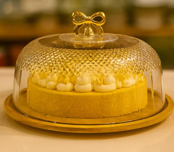 Glass Cake Dish with Wood Base – Gold Bow Handle Cake Stand