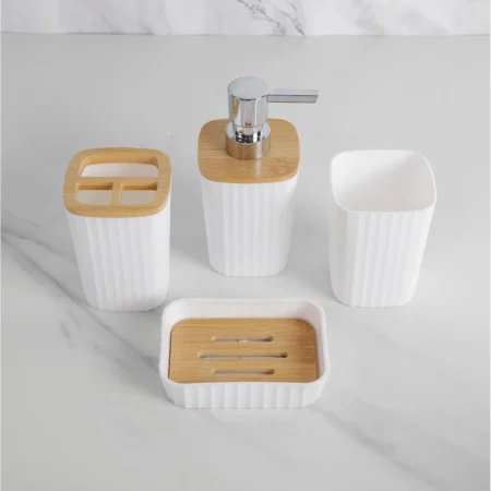 6-Piece Bathroom Accessory Set – White Square with Bamboo Accents