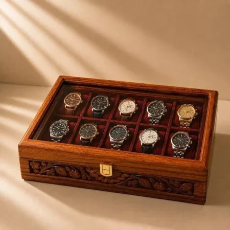 Premium Carved Wooden Watch Box – 10 Slots with Velvet Lining