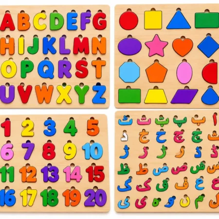 Montessori Wooden Learning Boards – 4 Pcs ABC, Urdu Alphabet, Shapes & Numbers 1–20