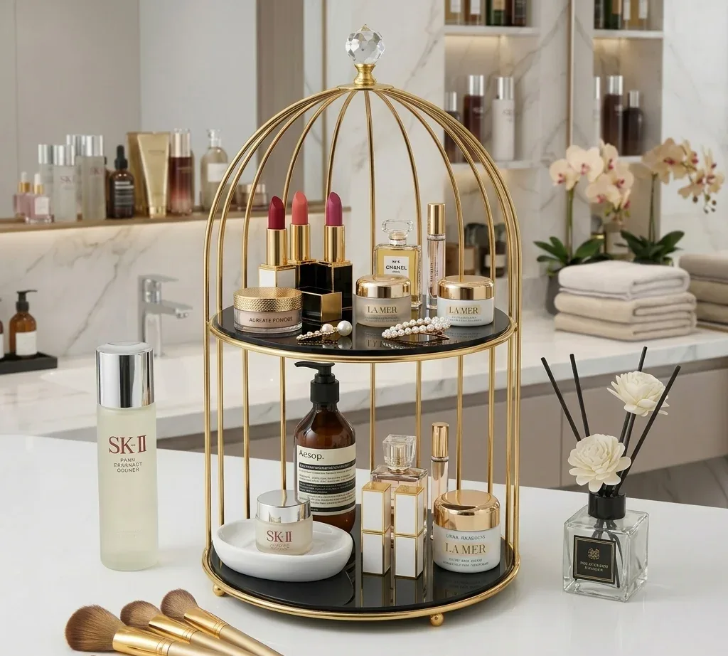 2 Tier Golden Birdcage Cosmetic Organizer with Round Base – photo 2
