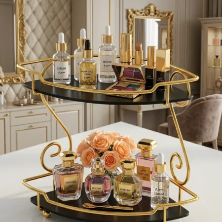 2 Tier Golden Corner Rack – Cosmetic & Spice Organizer