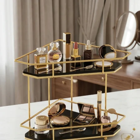 2 Tier Corner Storage Rack – Gold Frame with Acrylic Shelves