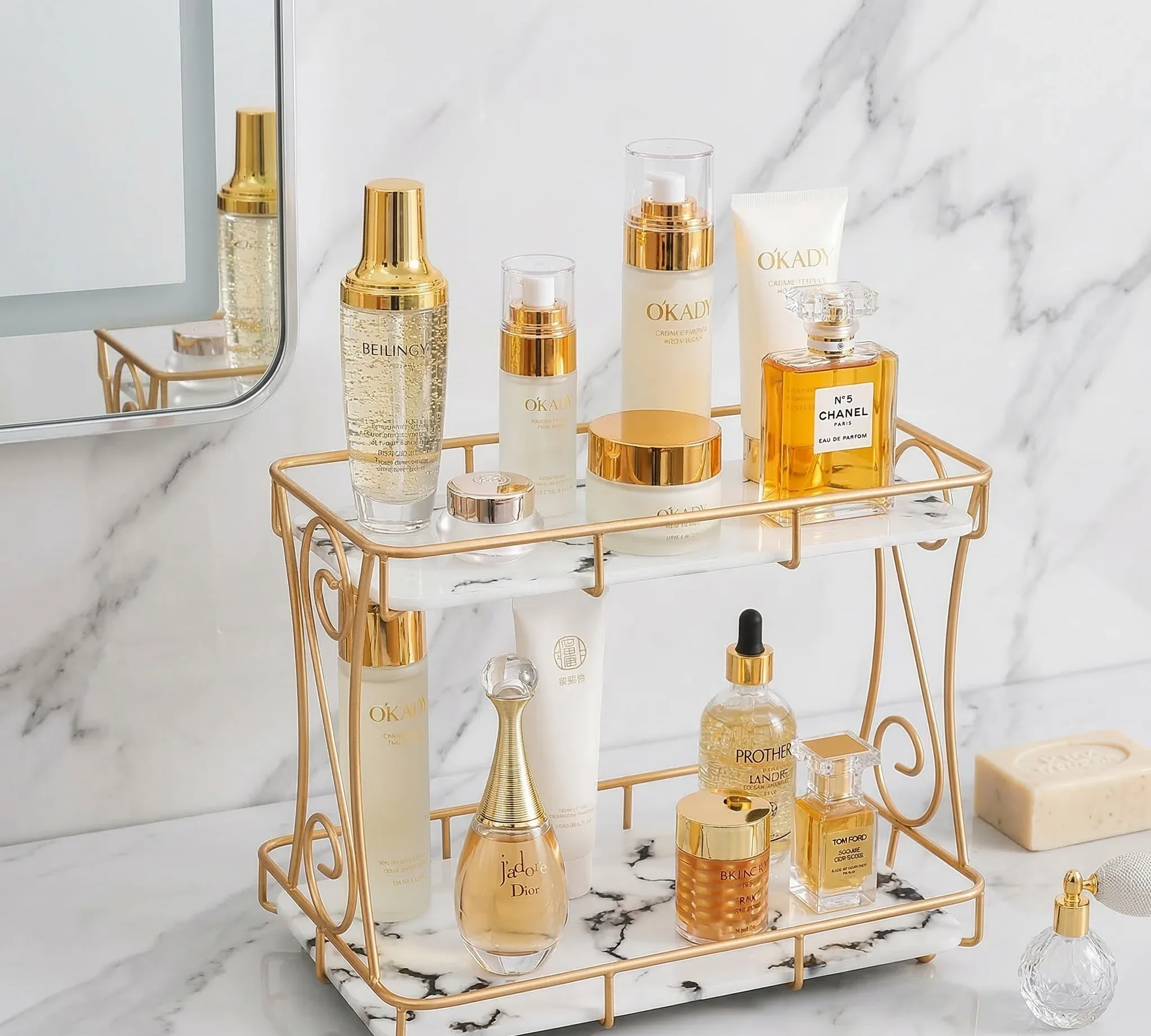 2 Tier Rectangular Vanity Rack – Gold Frame with Side Spiral Design – photo 2