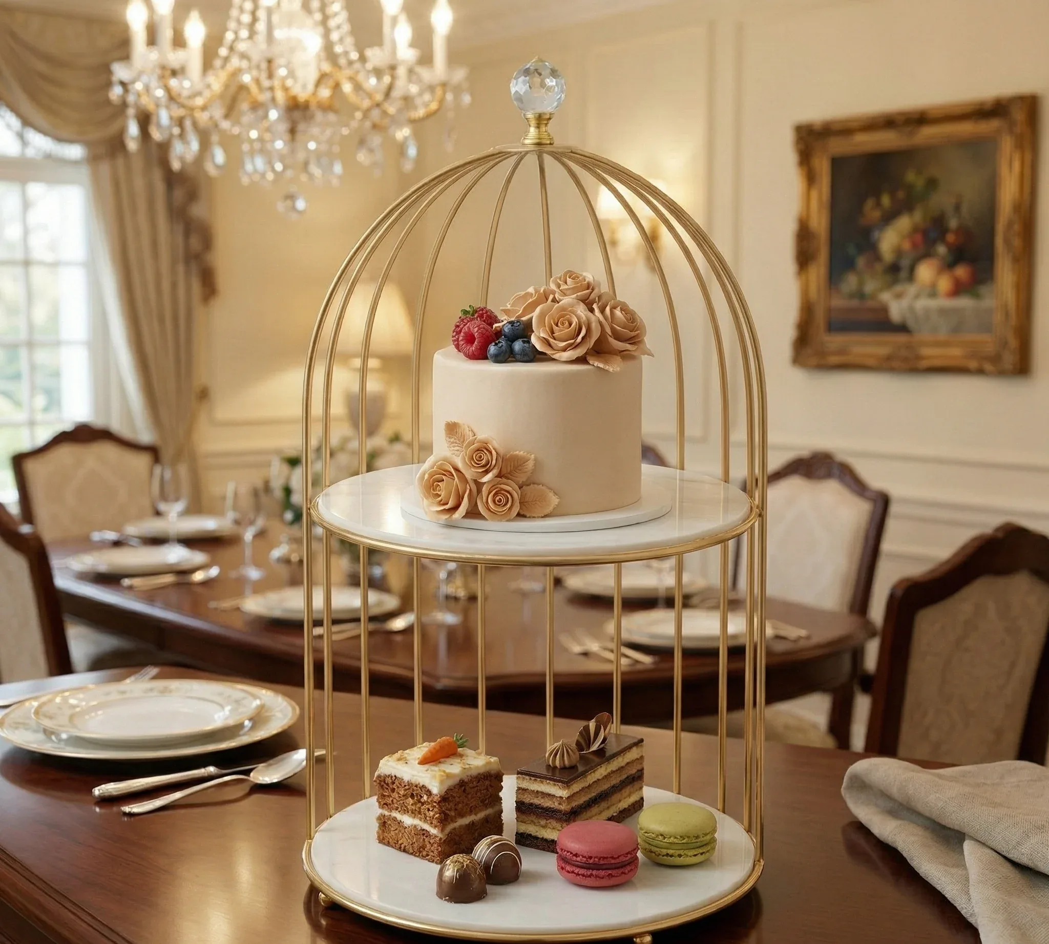 2 Tier Golden Birdcage Cosmetic Organizer with Round Base – photo 3