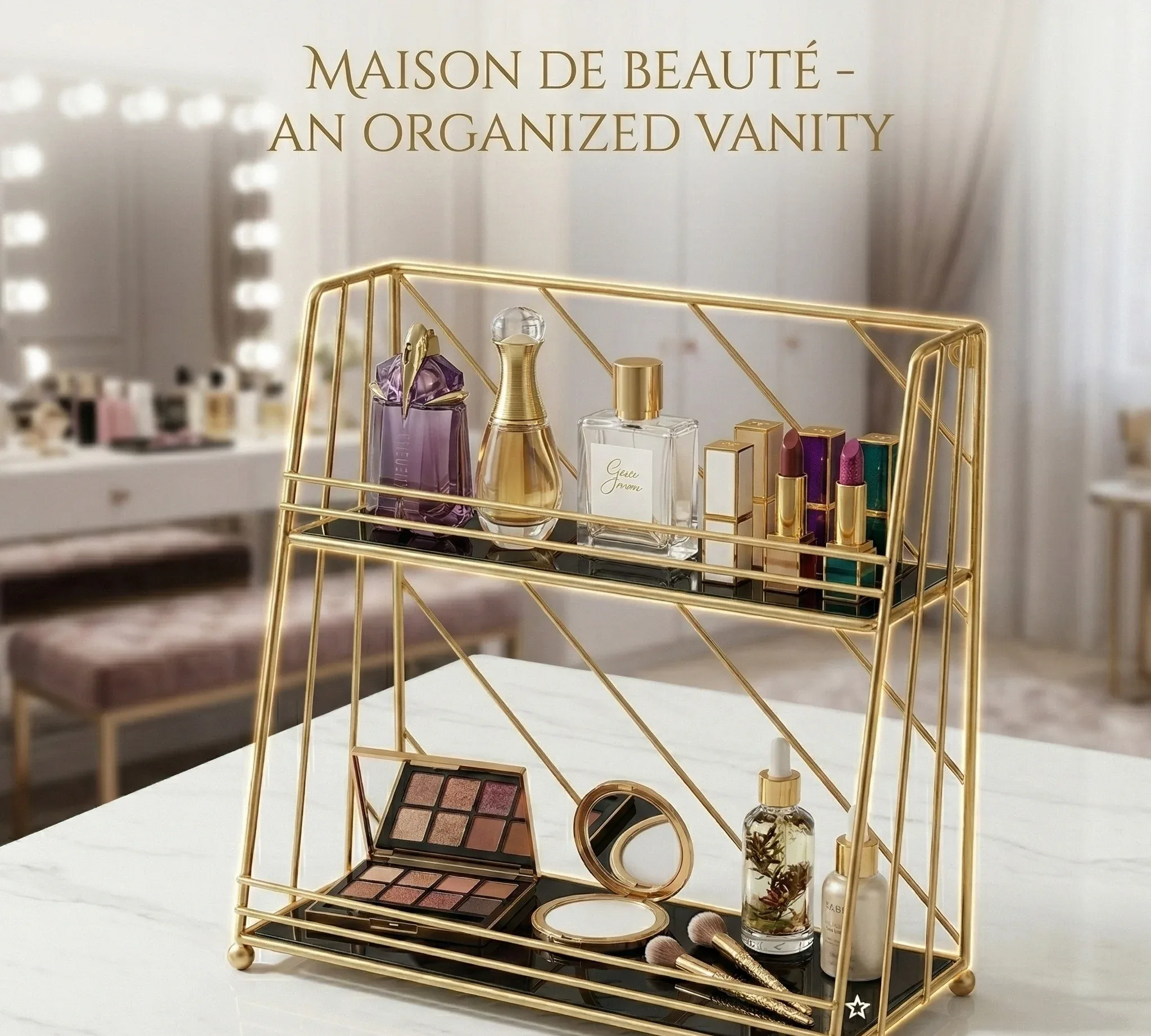 2 Tier Geometric Gold Vanity Organizer – Diamond Pattern Rack – photo 3