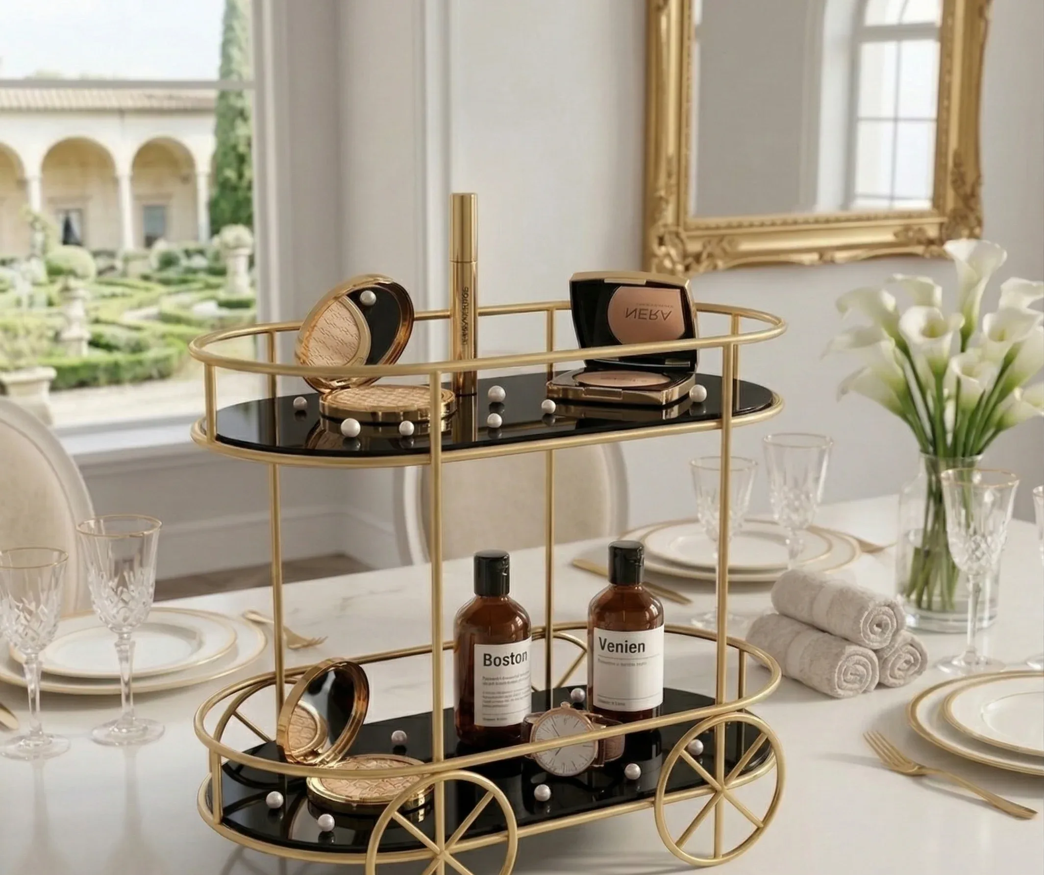 2 Tier Trolley Shape Golden Rack – Cake Stand & Cosmetic Organizer – photo 2