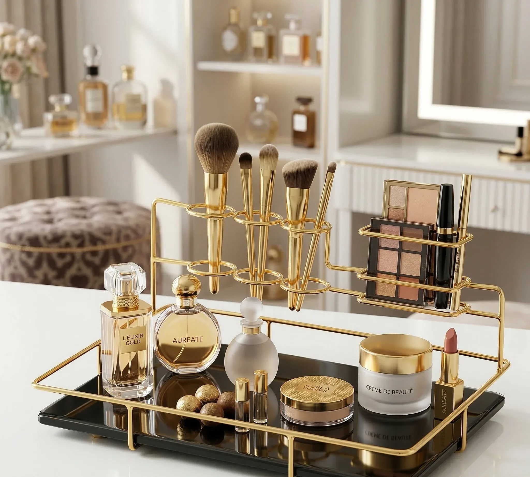 Toothpaste Holder & Makeup Brush Stand – Gold Cosmetic Rack