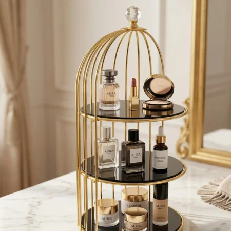 3 Tier Luxury Birdcage Cosmetic Organizer – Gold Vanity Stand