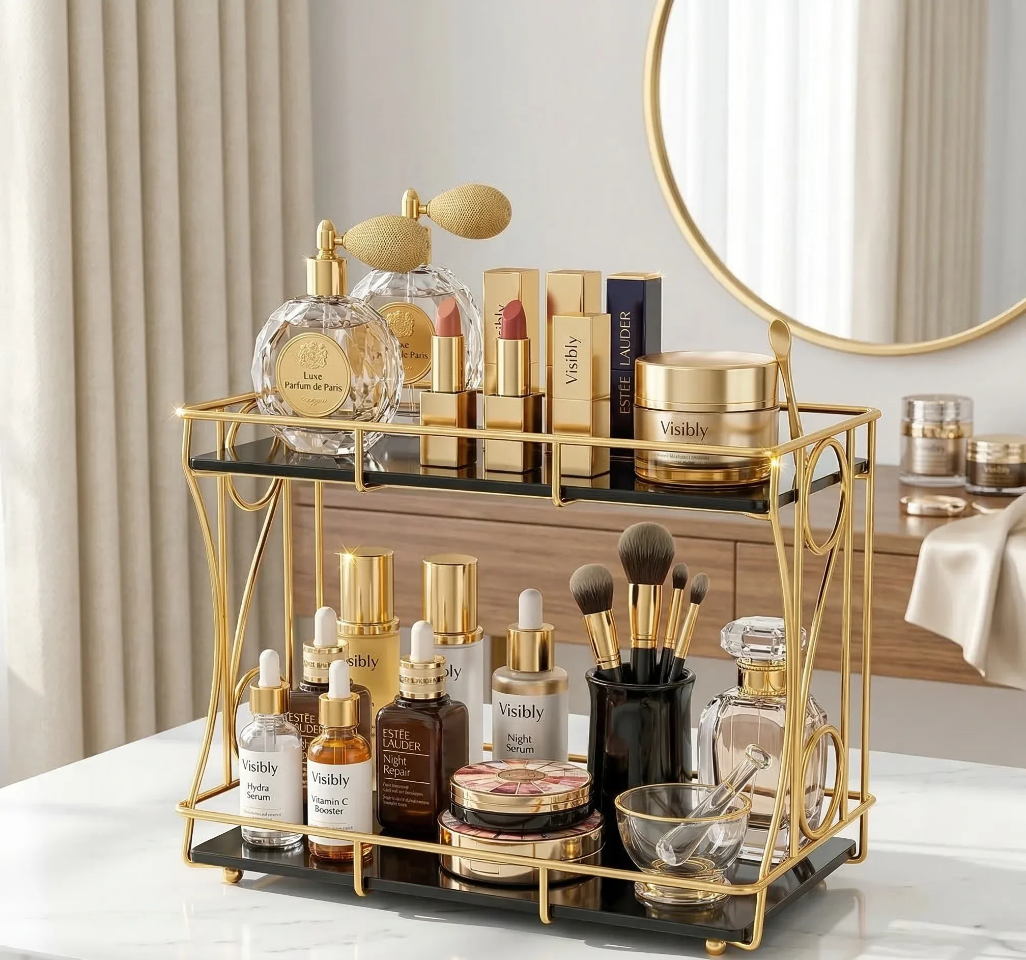 2 Tier Rectangular Vanity Rack – Gold Frame with Side Spiral Design