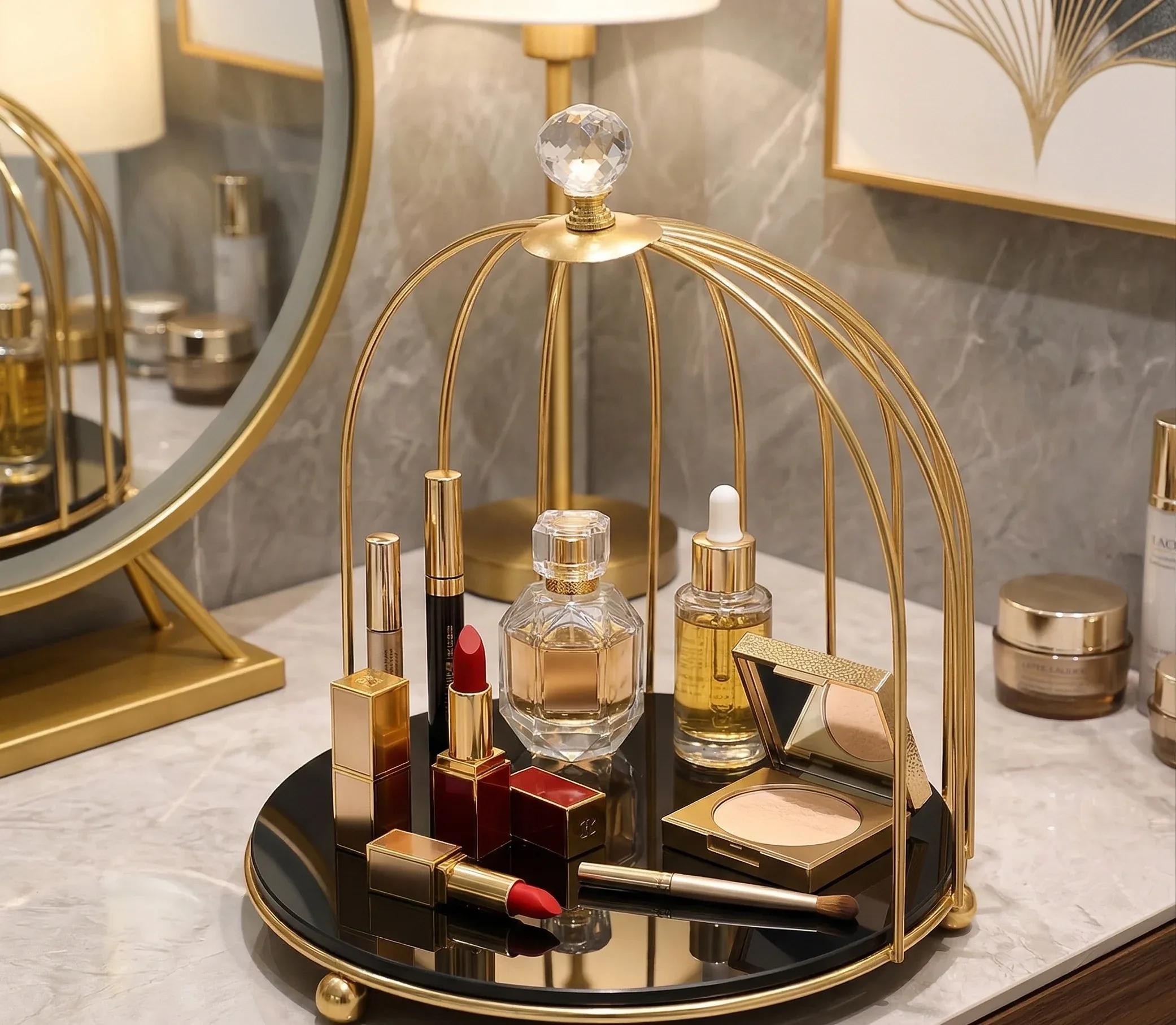 2 Tier Golden Birdcage Cosmetic Organizer with Round Base – photo 6