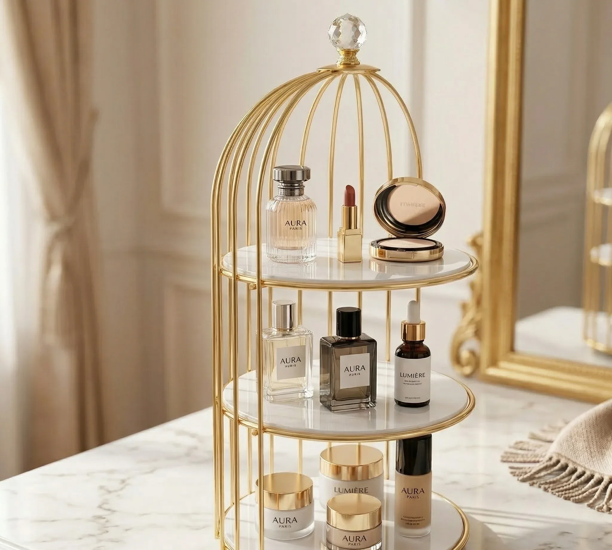 2 Tier Golden Birdcage Cosmetic Organizer with Round Base – photo 7