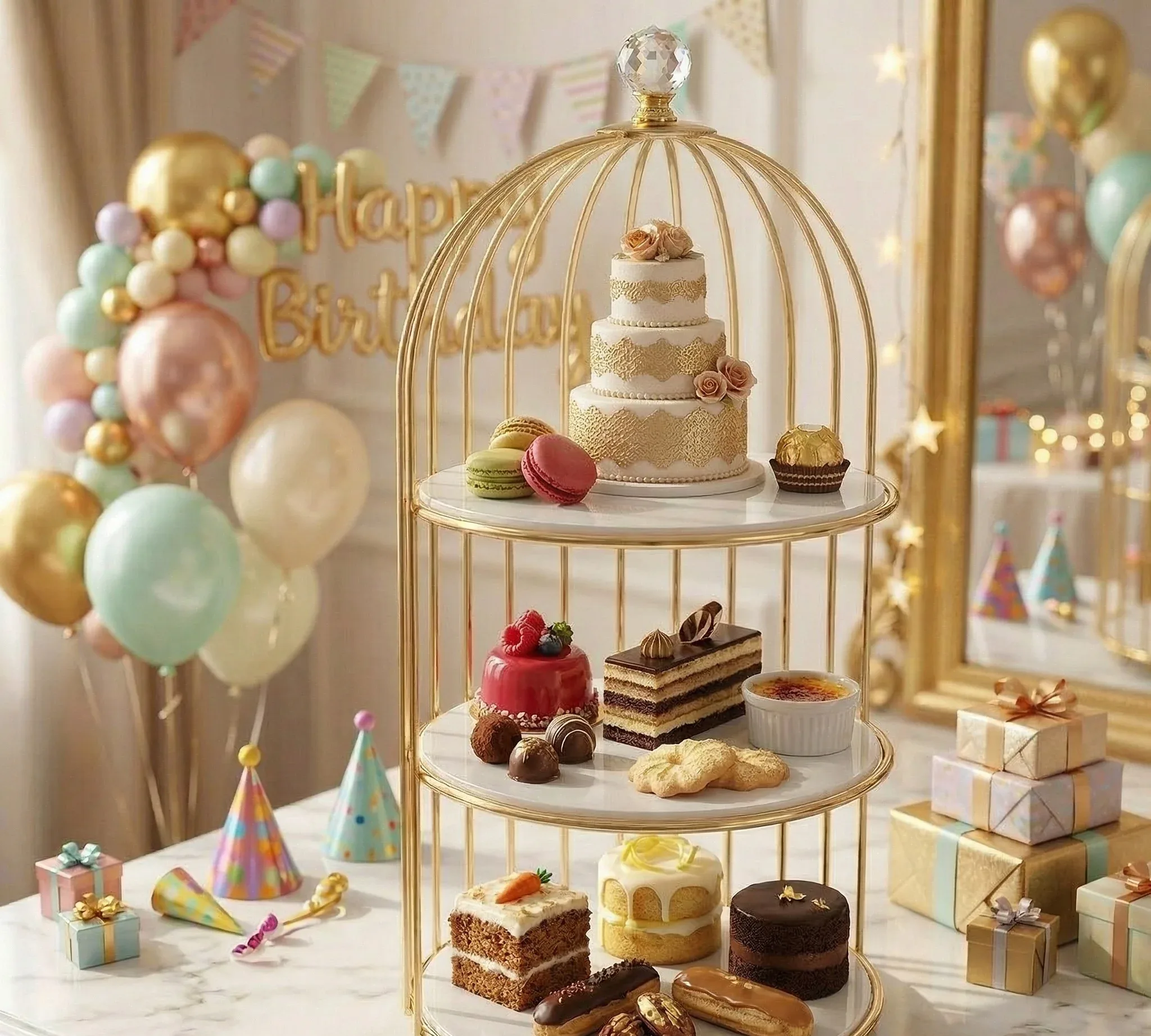 2 Tier Golden Birdcage Cosmetic Organizer with Round Base – photo 8