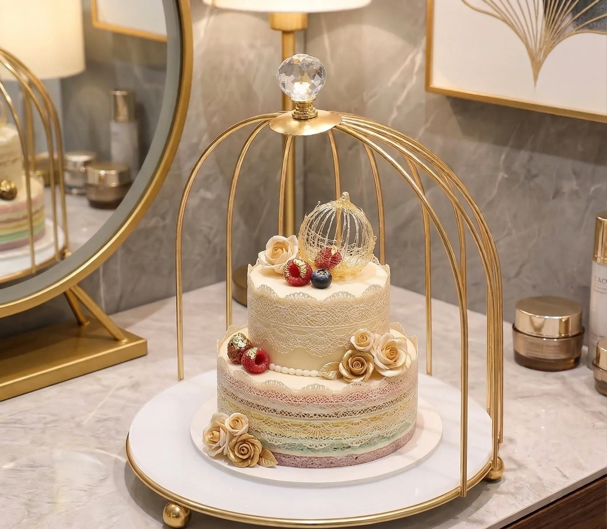 2 Tier Golden Birdcage Cosmetic Organizer with Round Base – photo 9