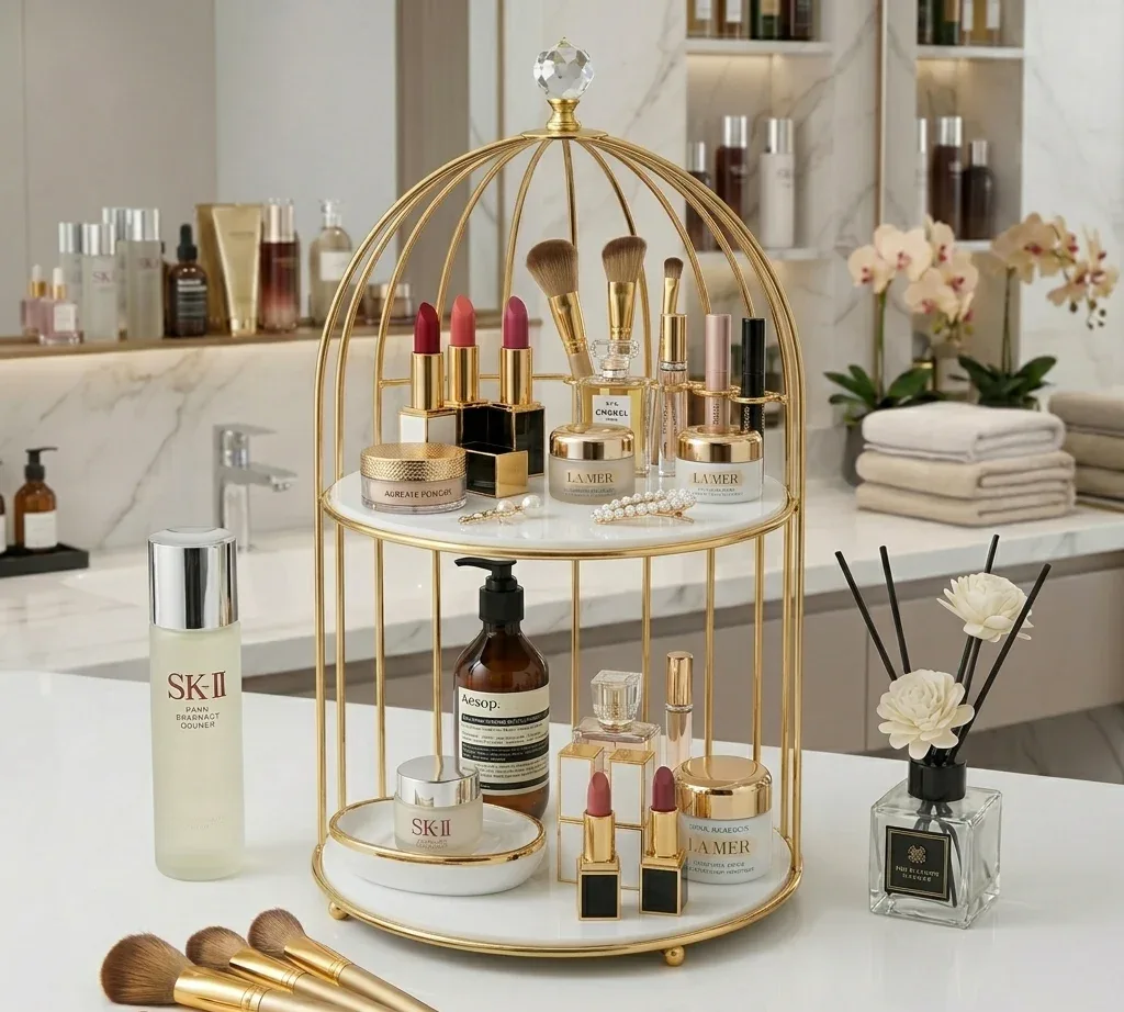 2 Tier Golden Birdcage Cosmetic Organizer with Round Base – photo 10