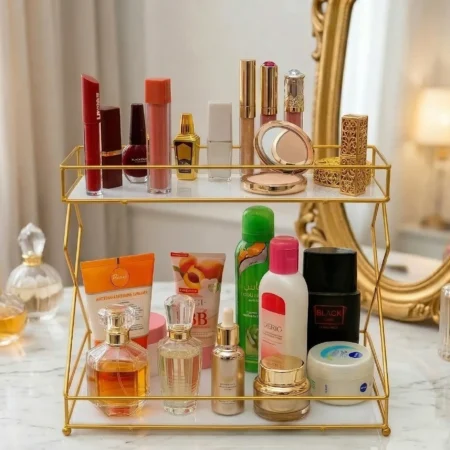2 Tier Gold Cosmetic Shelf – Acrylic Makeup Rack Organizer