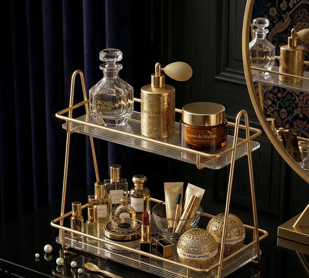 2 Tier Gold Display Rack – Dessert, Perfume & Cosmetic Stand
