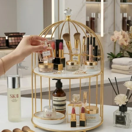 2 Tier Golden Birdcage Cosmetic Organizer with Round Base