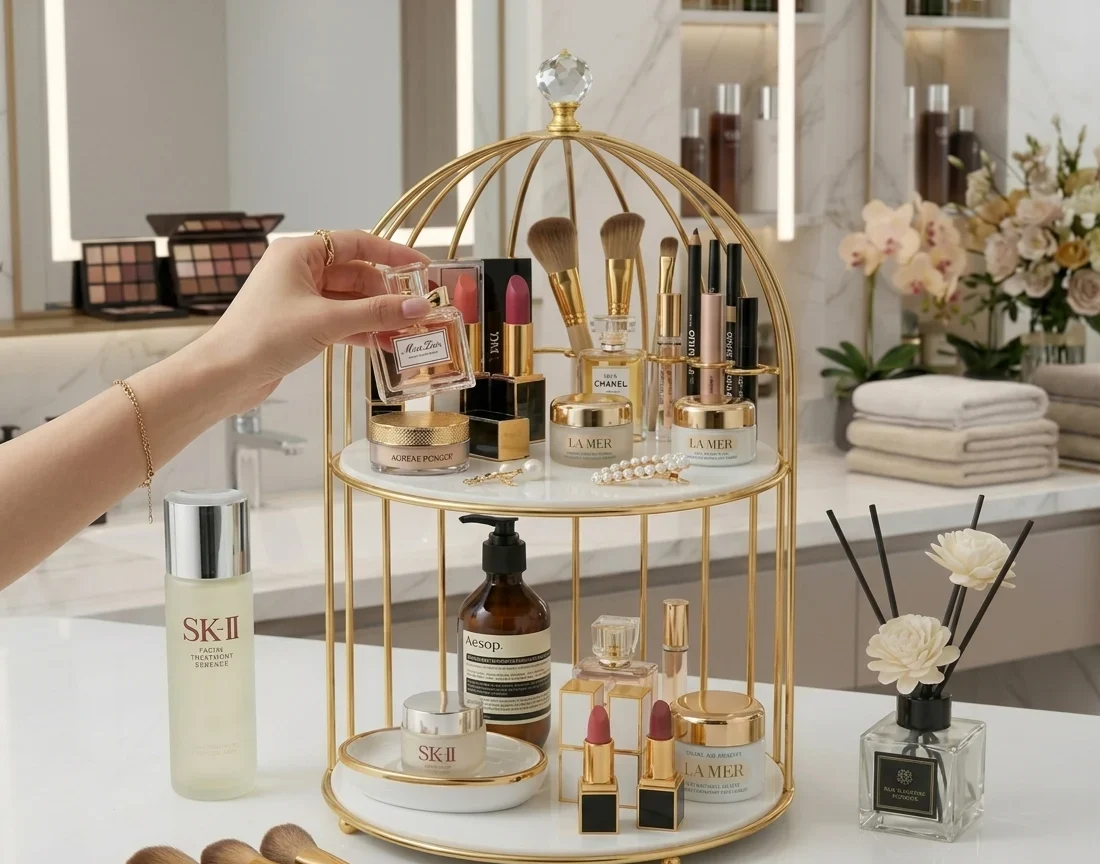 2 Tier Golden Birdcage Cosmetic Organizer with Round Base