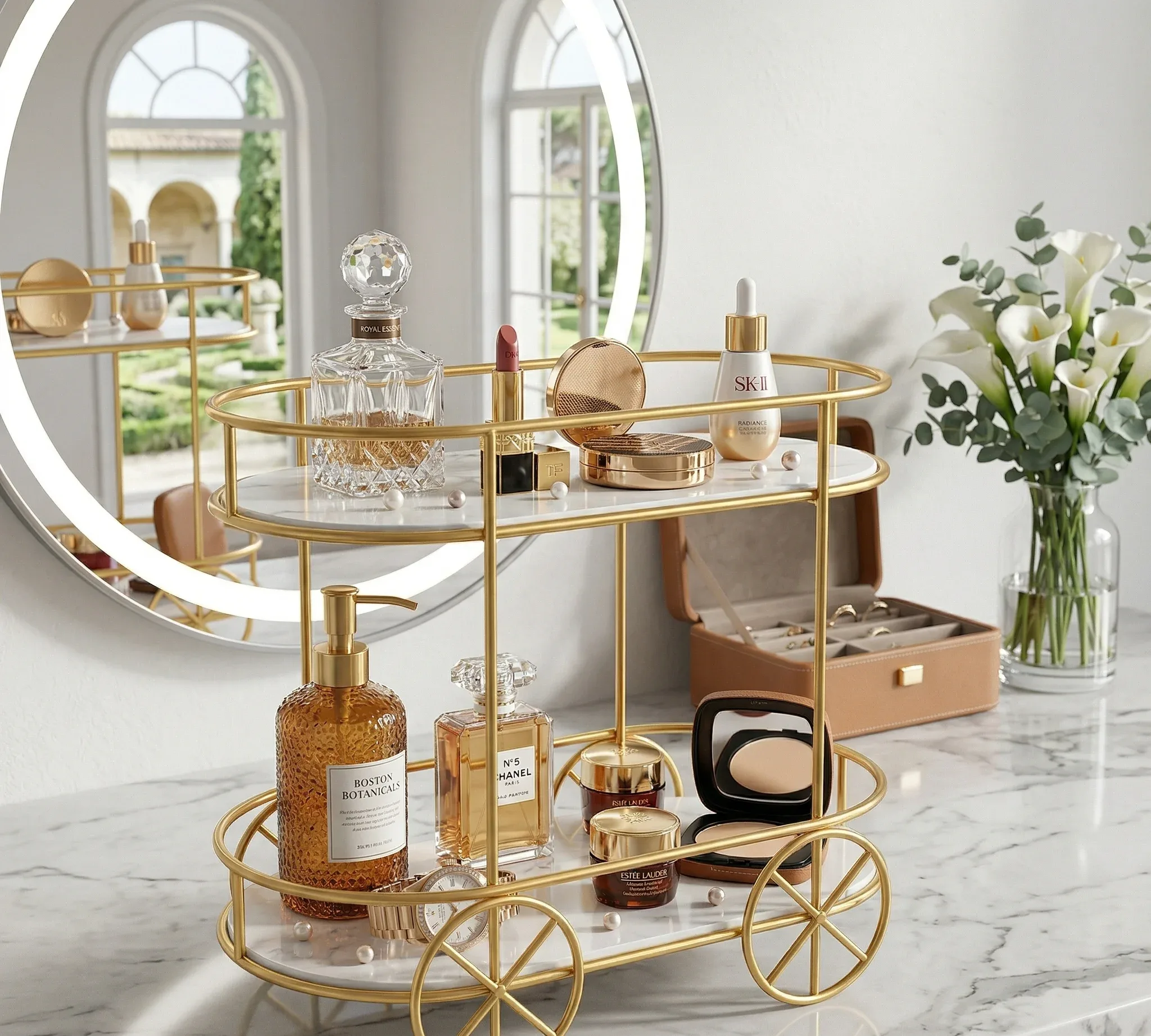 2 Tier Trolley Shape Golden Rack – Cake Stand & Cosmetic Organizer