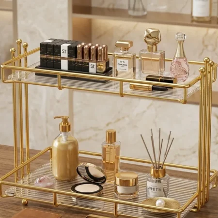 Double Layer Cosmetic Shelf – Gold Makeup & Bathroom Organizer