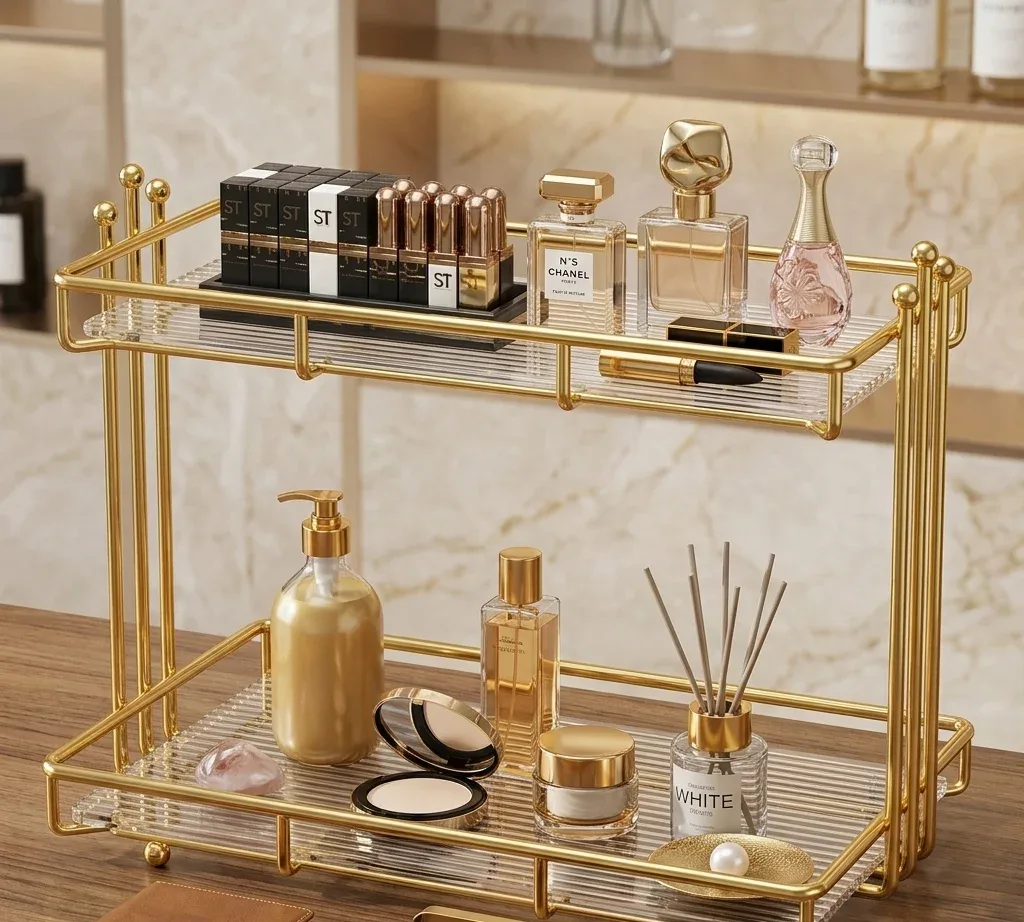 Double Layer Cosmetic Shelf – Gold Makeup & Bathroom Organizer