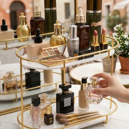 2 Tier Golden Makeup Organizer with Acrylic Shelves