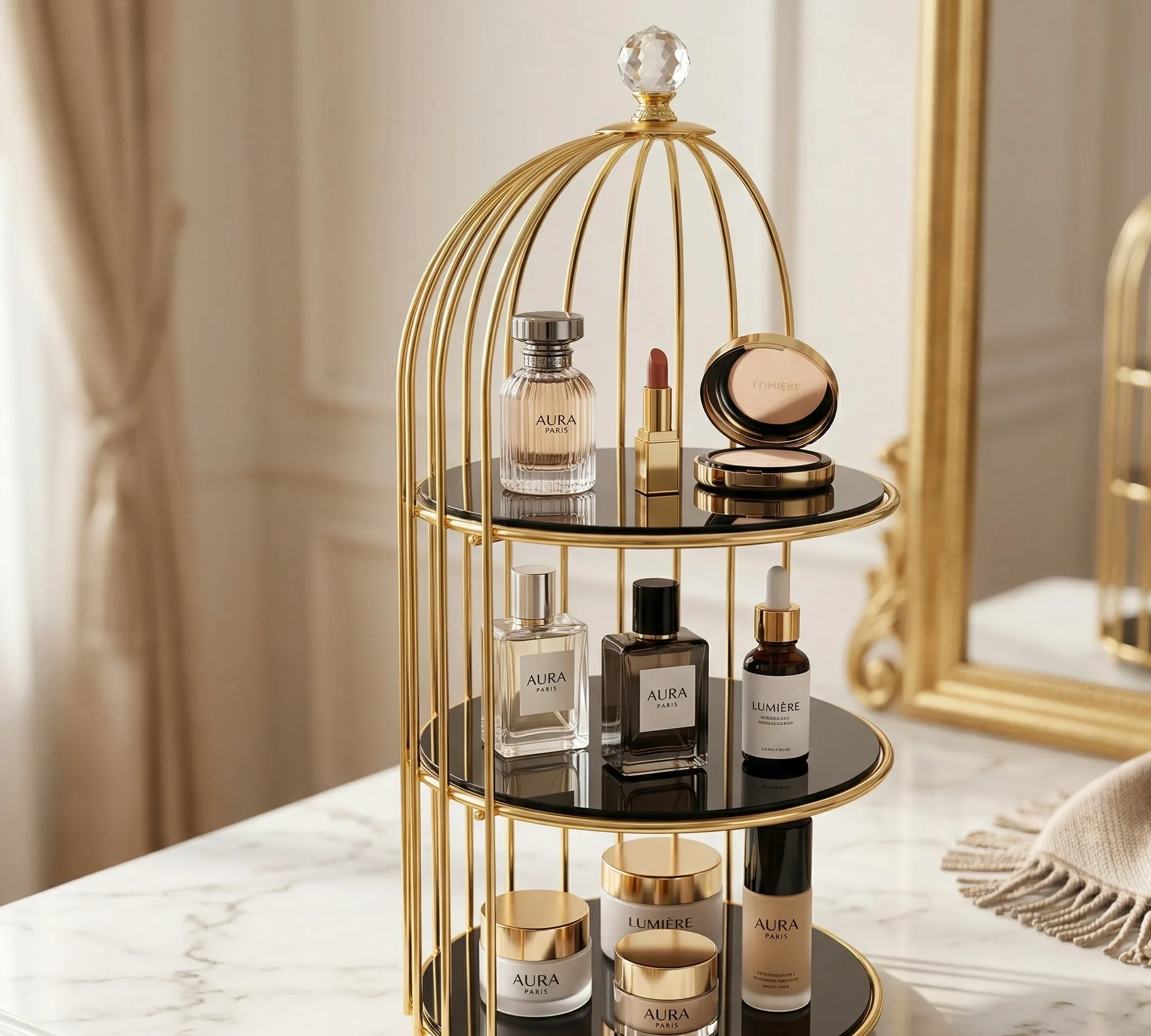 2 Tier Golden Birdcage Cosmetic Organizer with Round Base – photo 13