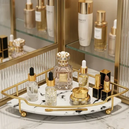 Single Tier Gold Corner Display Shelf with Marble Style Base