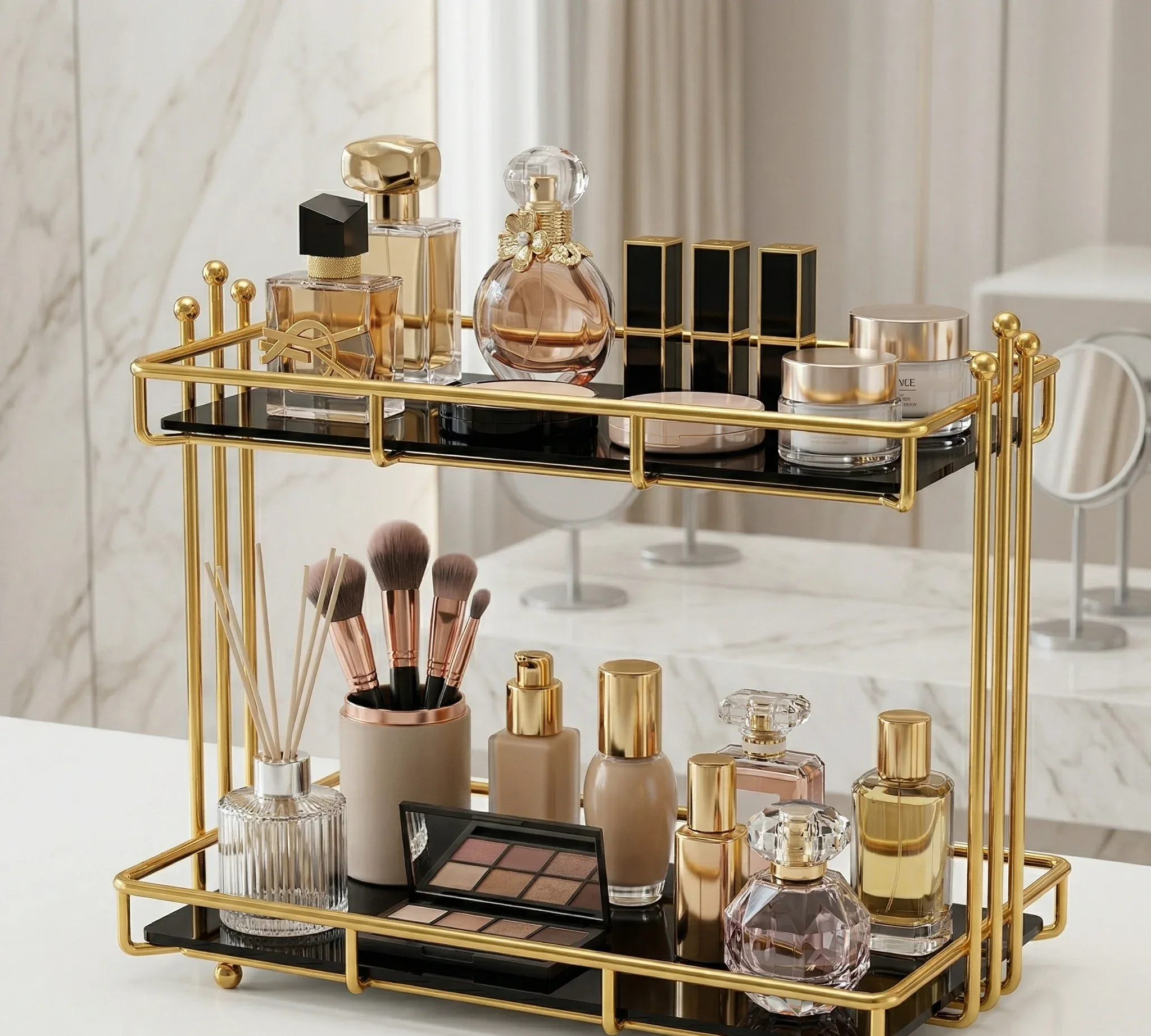 Double Layer Cosmetic Shelf – Gold Makeup & Bathroom Organizer – photo 2