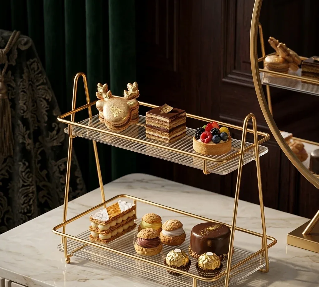2 Tier Gold Display Rack – Dessert, Perfume & Cosmetic Stand – photo 3