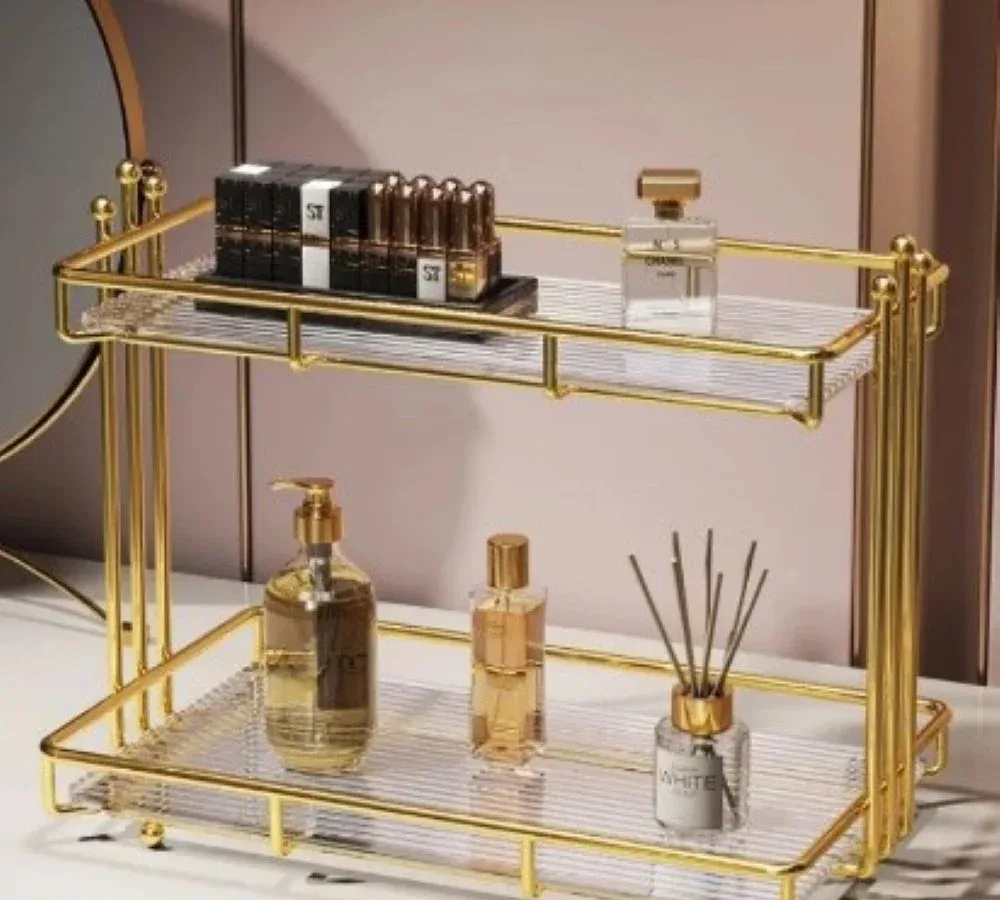 Double Layer Cosmetic Shelf – Gold Makeup & Bathroom Organizer – photo 3
