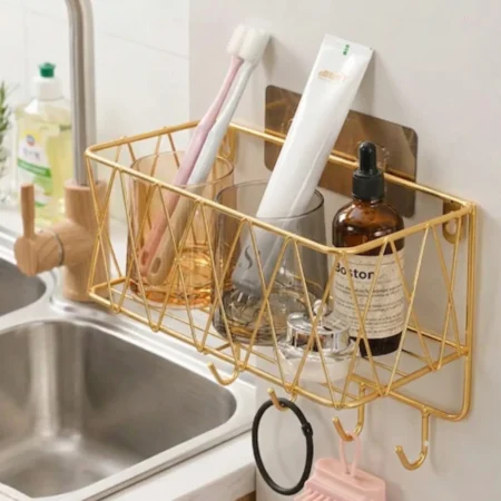 Golden Diamond Mesh Wall Mounted Bathroom Organizer