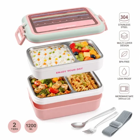 Enjoy Your Life 3-Layer Bento Lunch Box, Stainless Steel with Spoon - photo 1