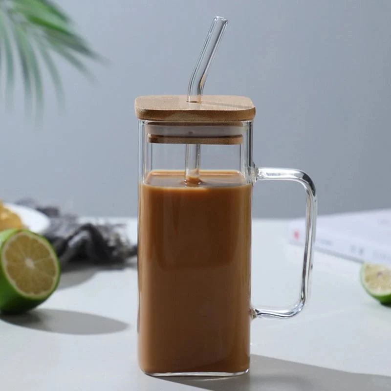 Rectangular Glass Mug with Straw and Wood Lid - 400 ML - photo 3