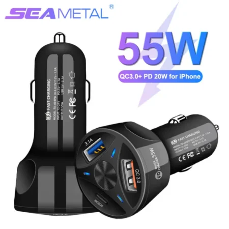 55W Dual USB Car Charger – QC 3.0 + PD Type-C Fast Charging