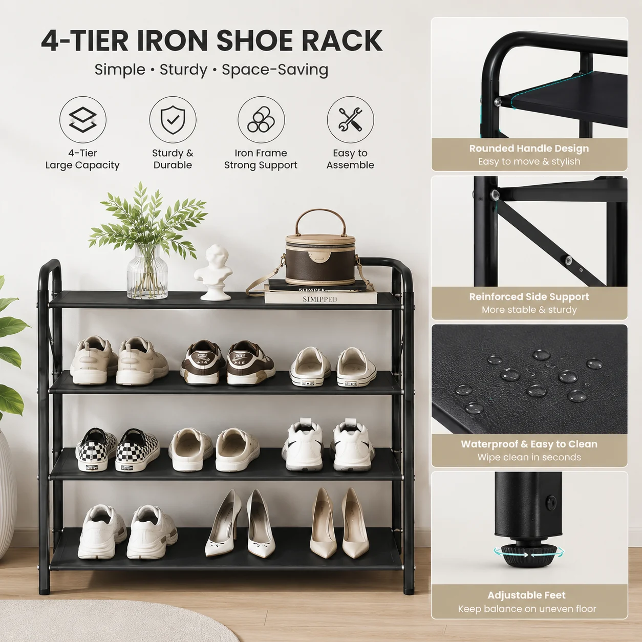 4-Tier Iron Shoe Rack, Sturdy & Space-Saving - photo 3