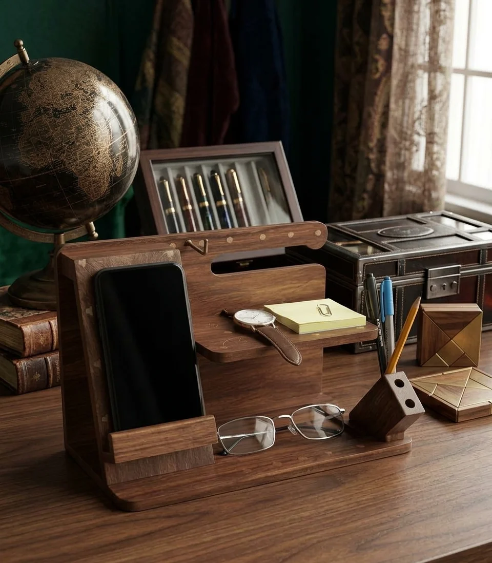 Wooden & Brass Desk Organizer – Mobile Docking Station - photo 2